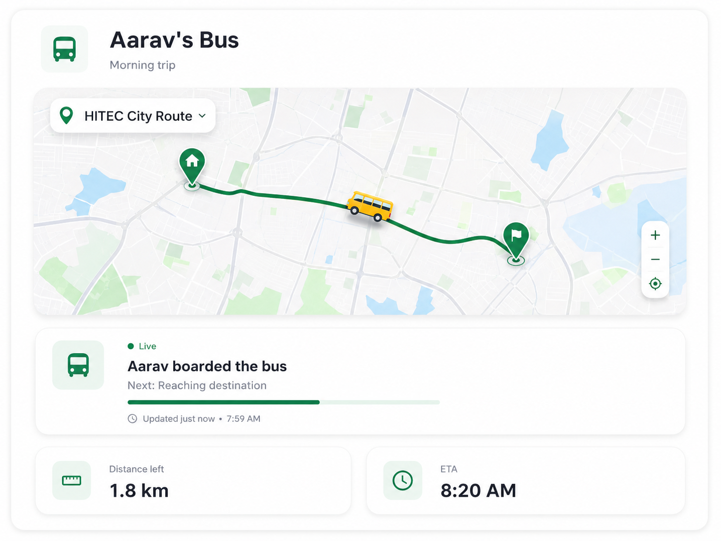 SafeLoop parent app live bus tracking screen with route map, bus marker, ETA, distance left, and last updated time